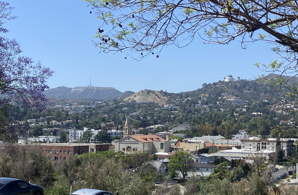 Beautiful view of the Hollywood sign and Griffith Observatory on To Live and Dine in LA Food Tours' Los Angeles Taco Tour.