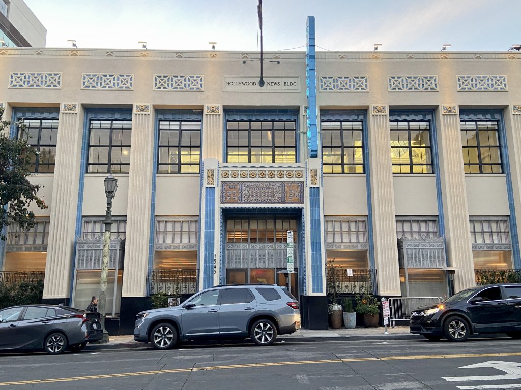 Beautiful art deco architecture at the Hollywood News Building on a Hollywood Food Tour run by To Live and Dine in LA Food Tours.