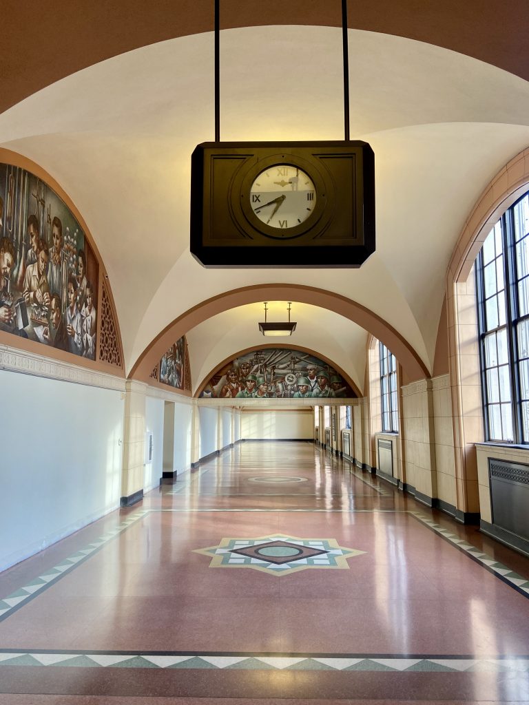 Boris Deutsch's Works Progress Administration (WPA) murals in a hallway in the Los Angeles Terminal Annex Post Office in downtown Los Angeles on To Live and Dine in LA Food Tours' Chinatown and Olvera Street Food Tour.