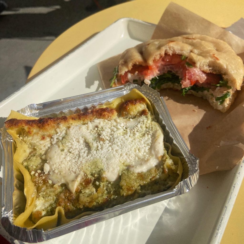 Delicious homemade pesto lasagna and Italian prosciutto sandwich on a Silver Lake Food Tour in Los Angeles run by To Live and Dine in LA Food Tours.