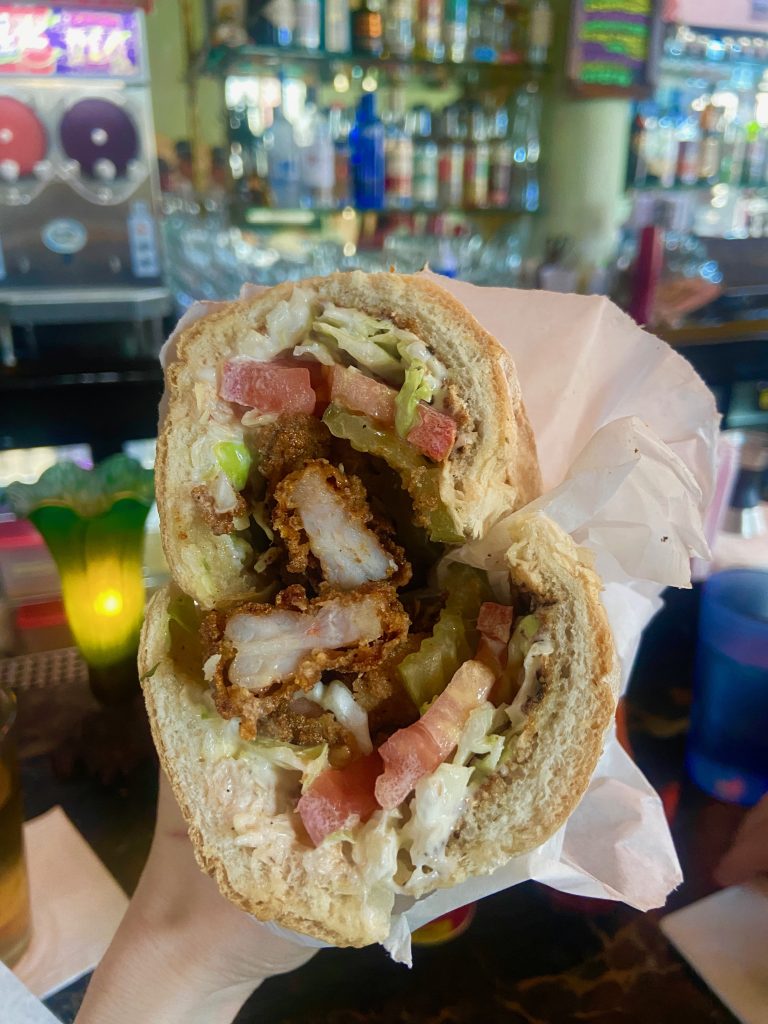 Mouthwatering shrimp po'boy sandwich in downtown Los Angeles on To Live and Dine in LA Food Tours' Chinatown and Olvera Street Food Tour.